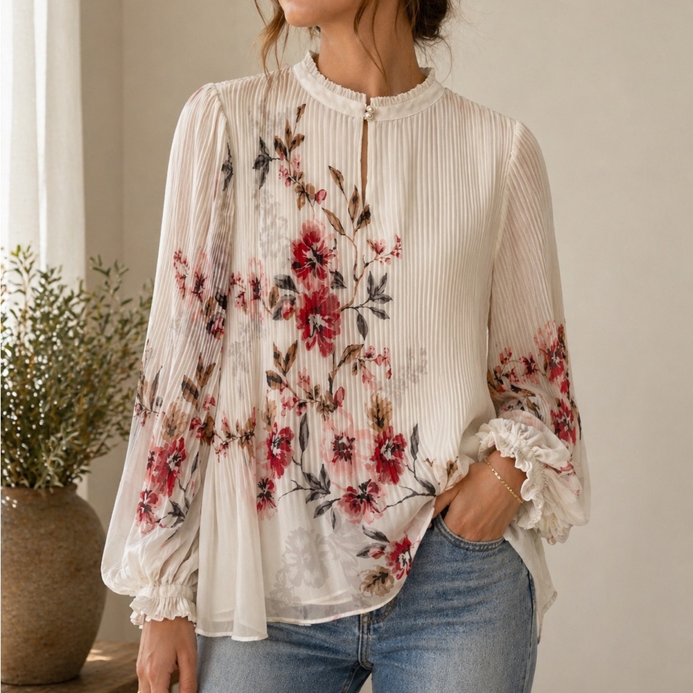 WHBM Floral Pleated Long-Sleeve Blouse